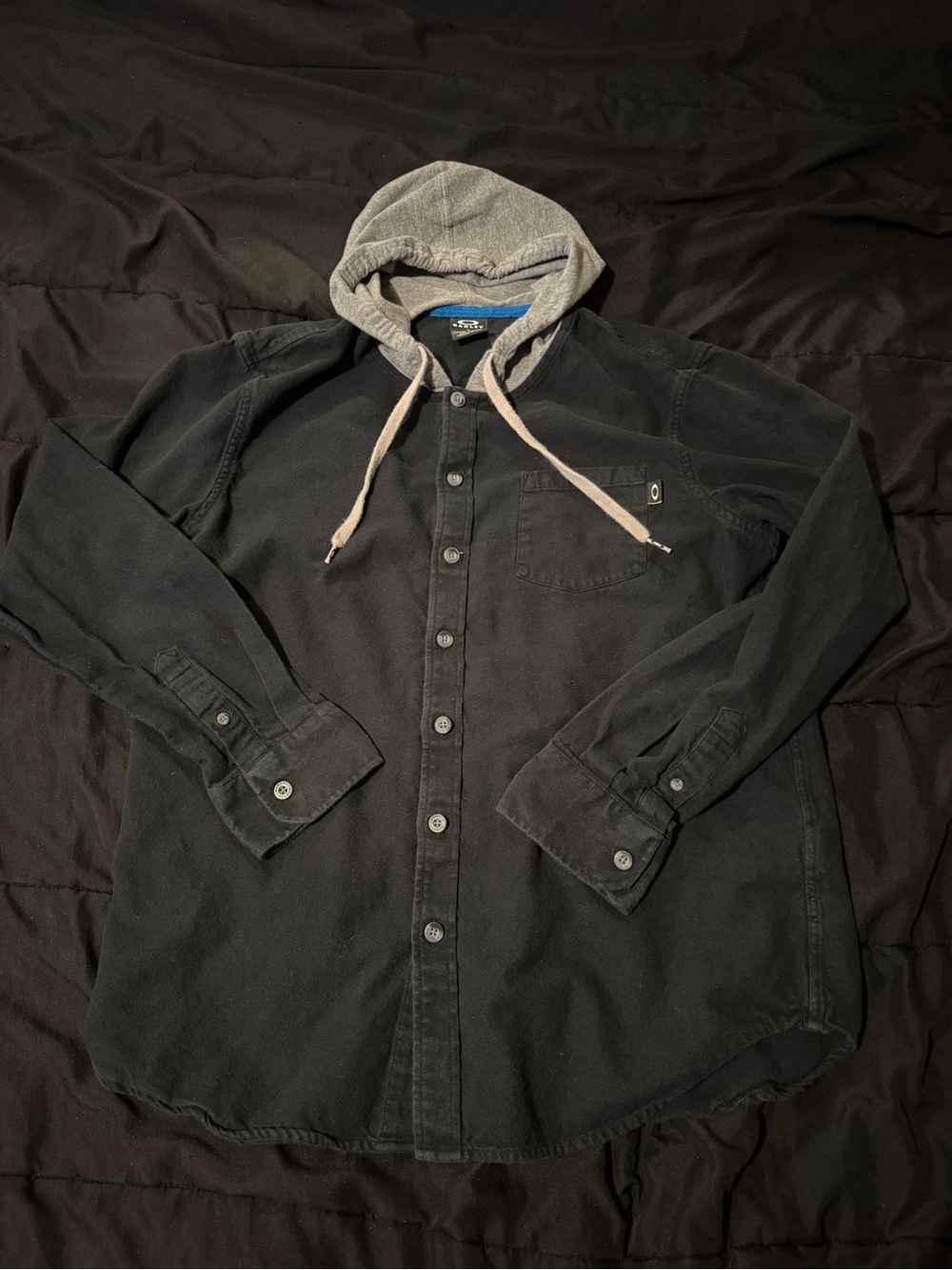 Oakley Black Button-Front Hooded Shirt Jacket with Gray Hood
